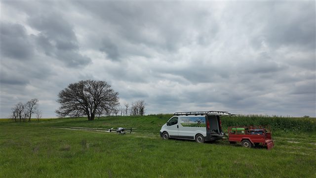 Drone, vehicle and support equipment in the field
