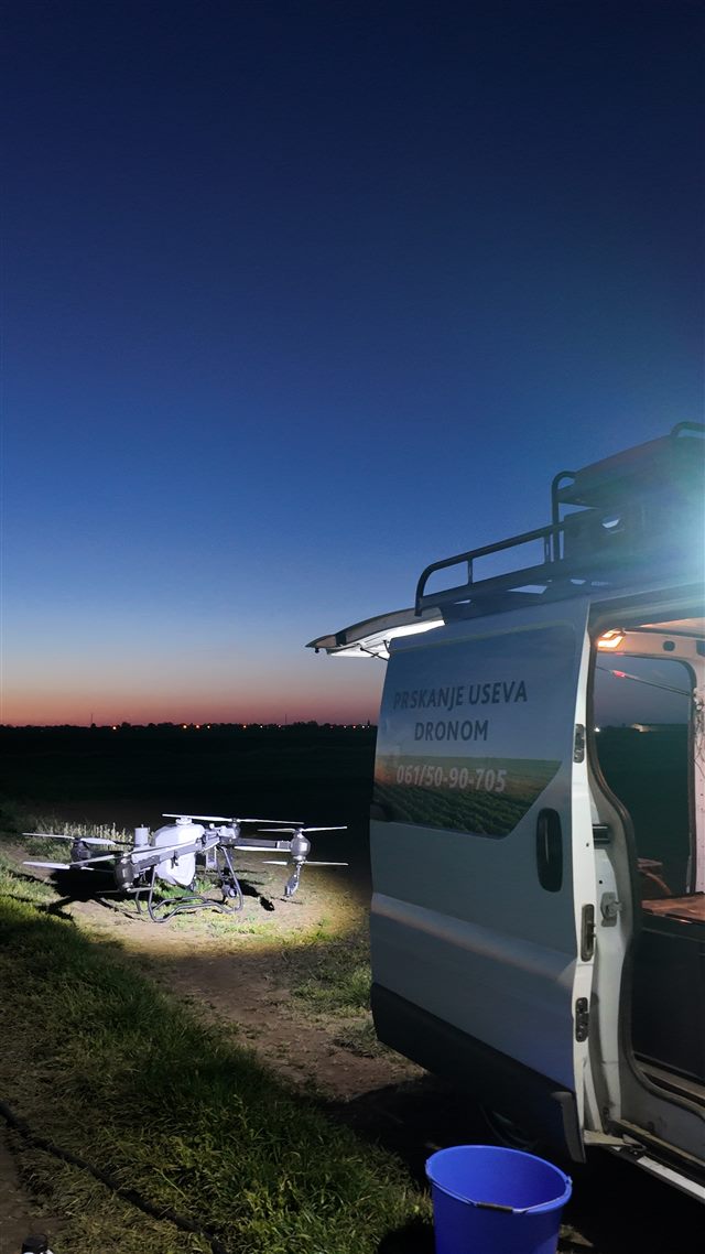 Drone and vehicle ready for night-time work