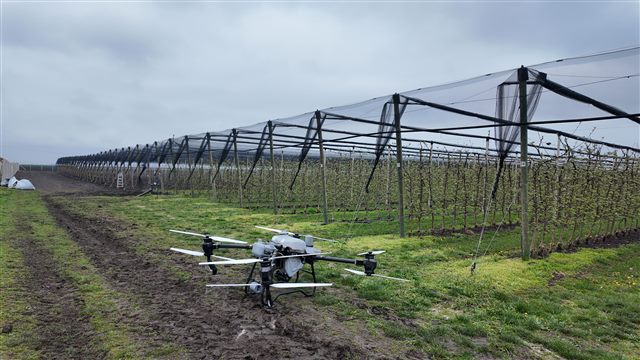 Agricultural drone beside an orchard with a hail-net support structure