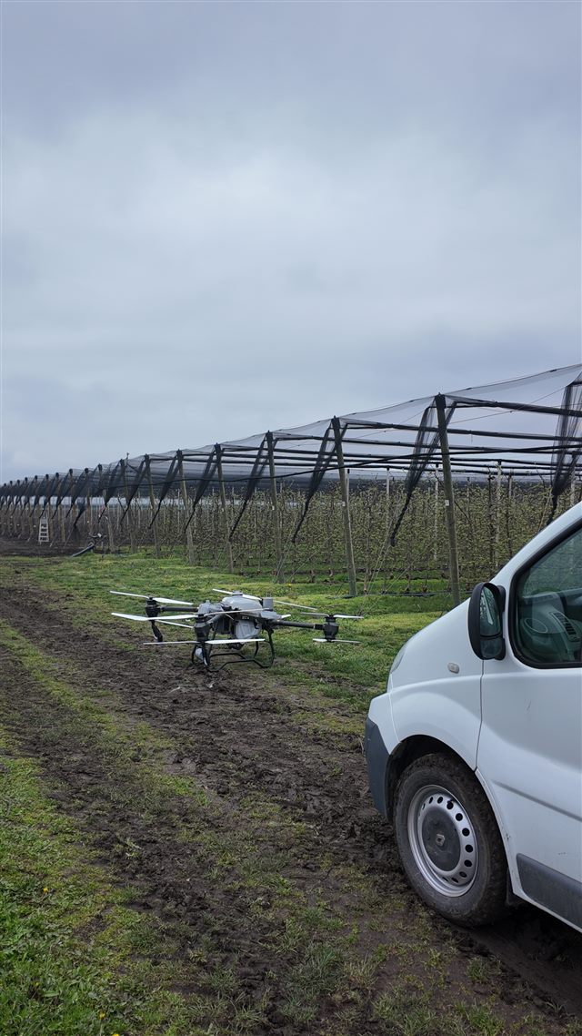 Support vehicle and drone beside orchard rows